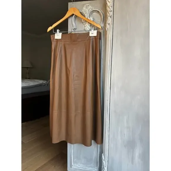 Vince Midi Skirt Tan Belted Lamb Leather A-line High Waist Luxe Minimalist Sz 10